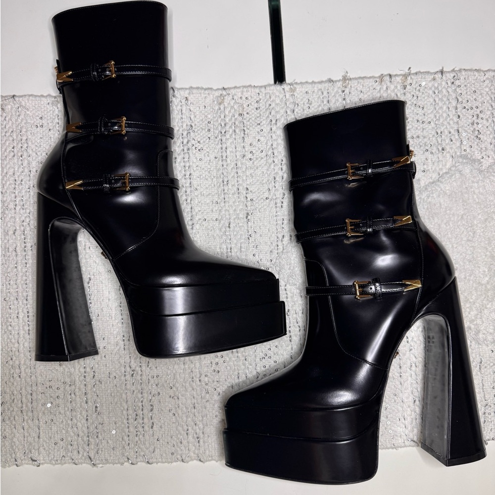 Versace Black Platform Ankle Boots with Gold Buckles